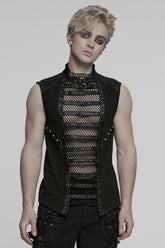 Black Sleeveless Stitching Mesh Eyelet Straps Men's Punk Vest